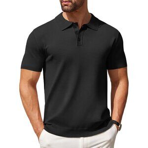 Men's All Black Knit Polo Shirts Casual Short Sleeve Button Down Polo Shirt